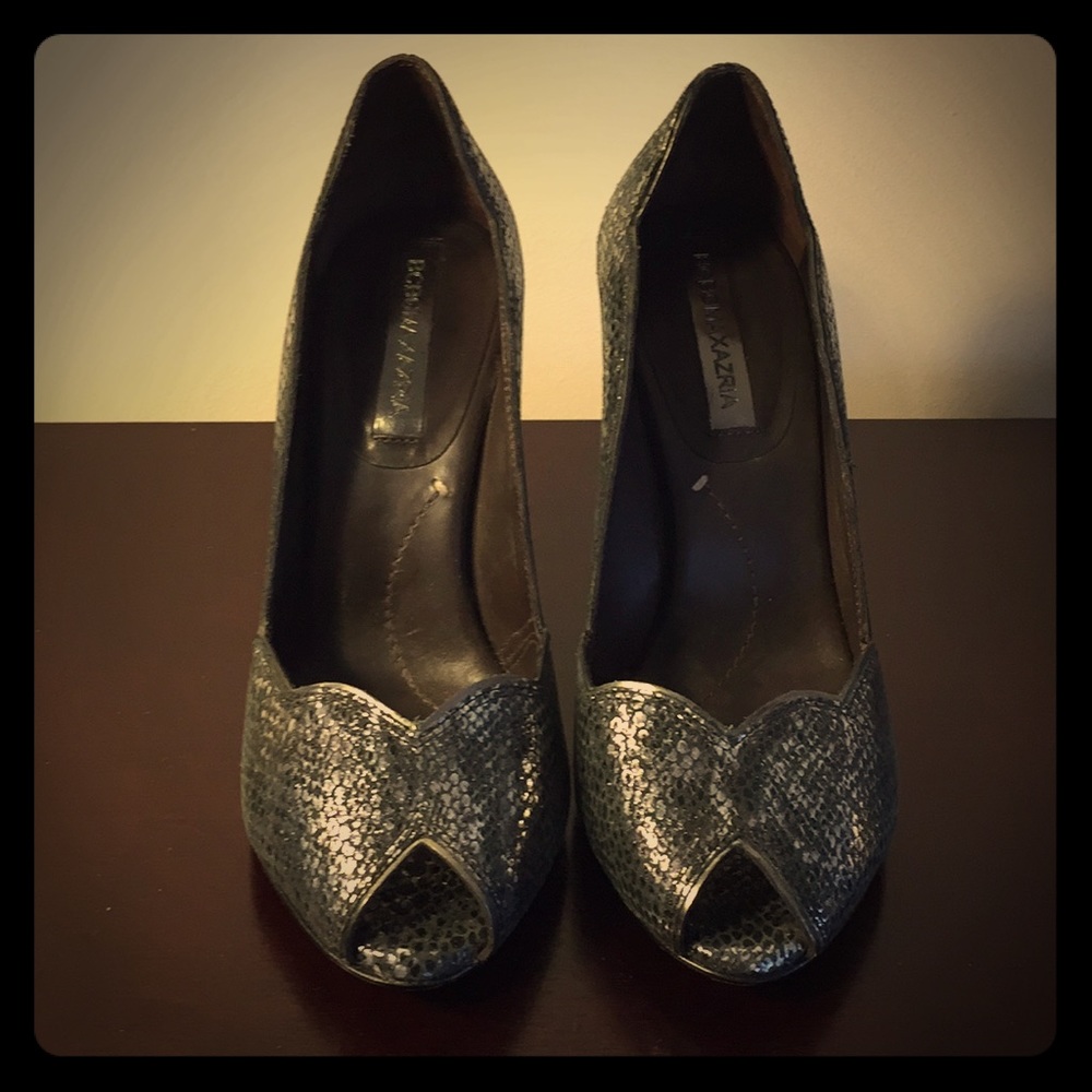 BCBGMaxAzria Metallic Peep-Toe Heels (Size 6.5)